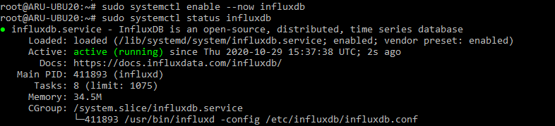 InfluxDB started and enabled to run automatically