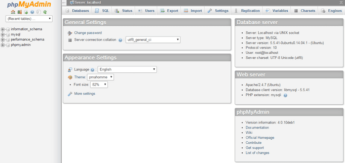 PhpMyAdmin Home