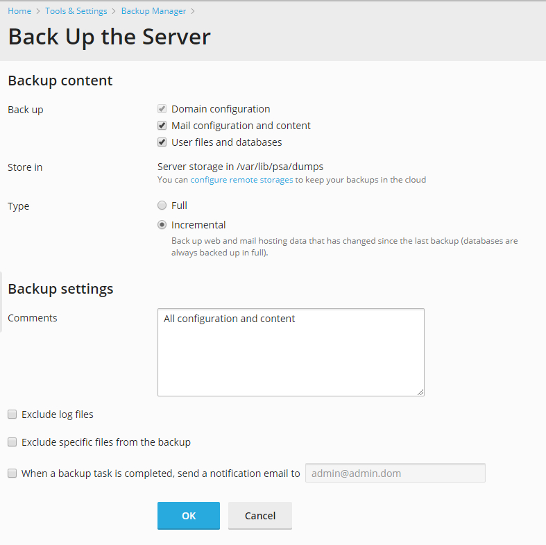 Plesk Backup Configuration